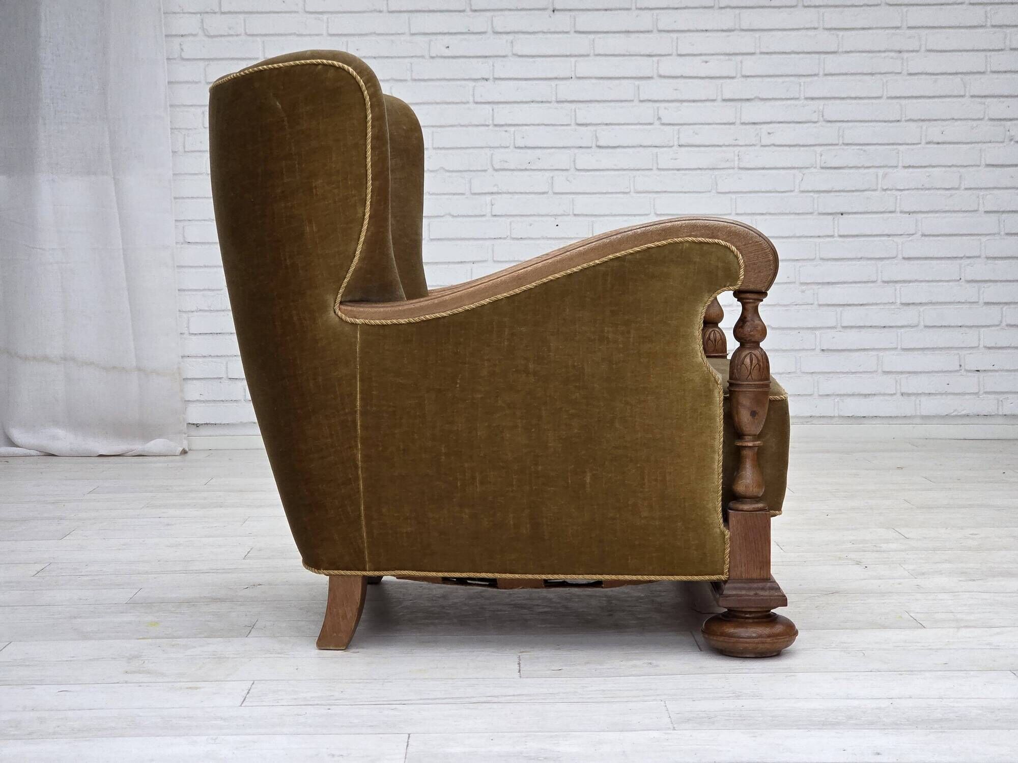 1960s, Danish armchair, green furniture velour, solid carved oak wood.