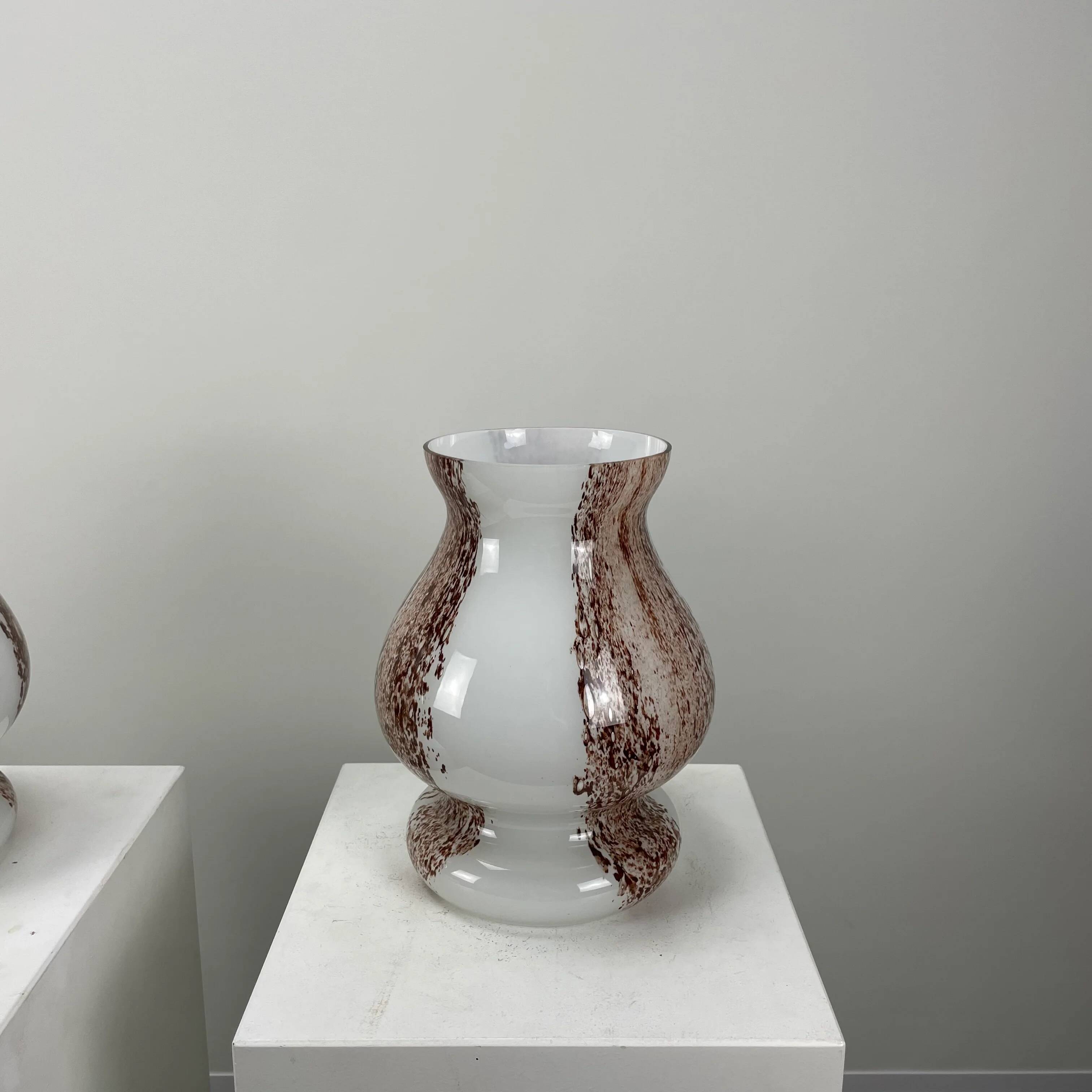 Pair of table lamps in white and brown glass in the shape of a mushroom by Doria Leuchten, 1970.