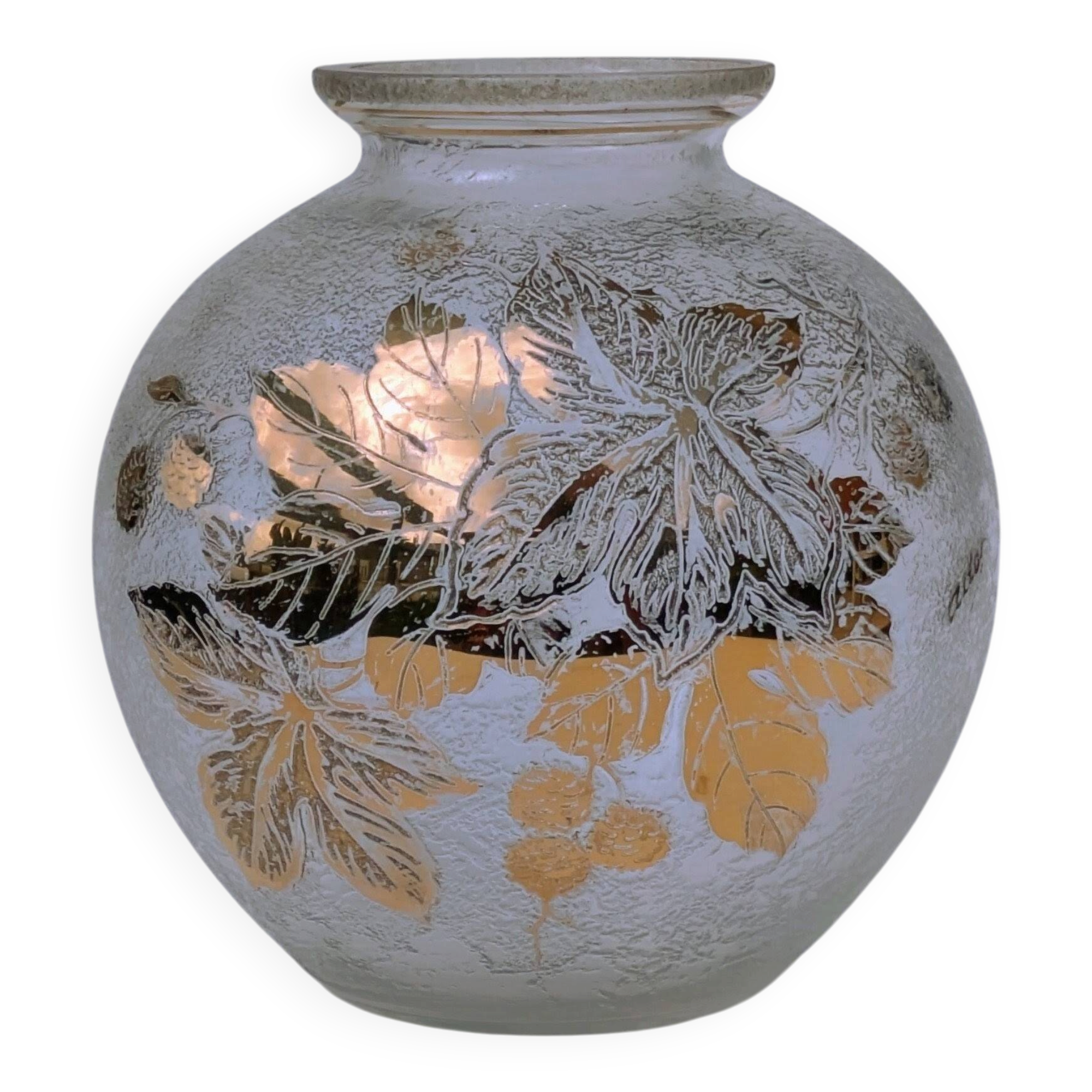 Frosted Glass Ball Vase with Golden Botanical Decoration — Signed Adat — Circa 1950
