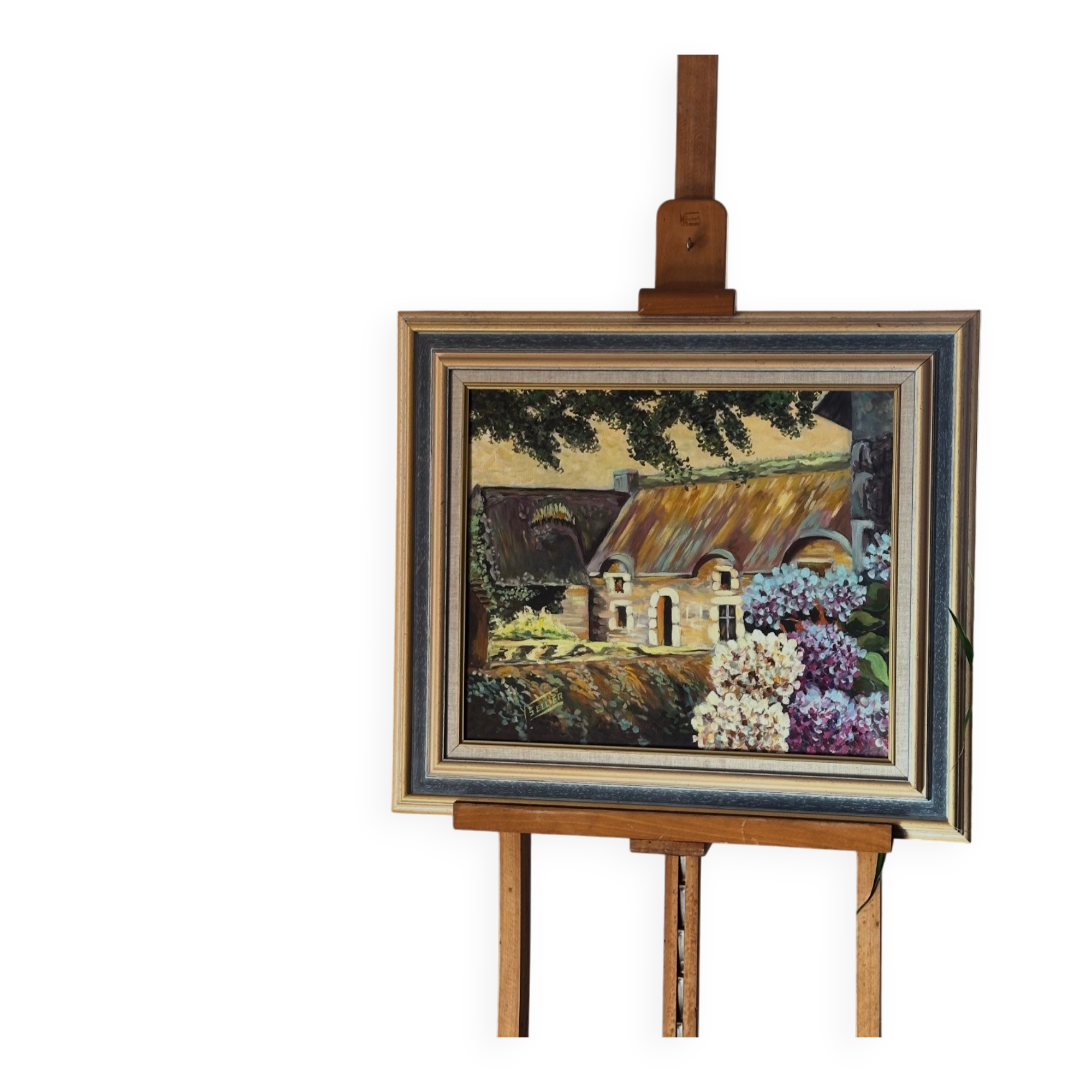 Oil on canvas framed – House with hydrangeas, Yvonne Sellier