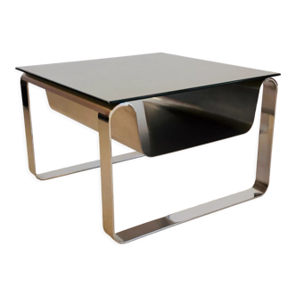 End of sofa, stainless steel magazine rack and mirror glass, France 70s
