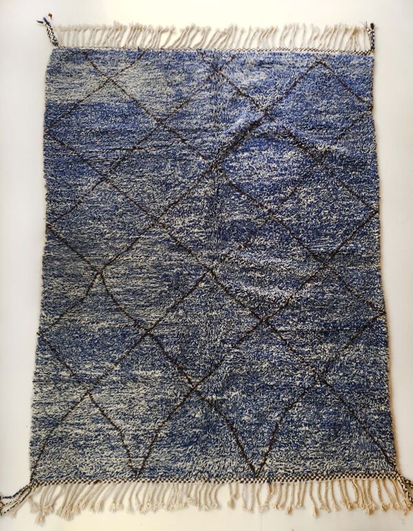Tapis berbère marocain Beni Ouarain bleu chiné à losanges bruns 289x211cm