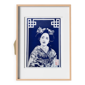 Japanese linocut of the smile of a limited edition Prussian Blue maiko
