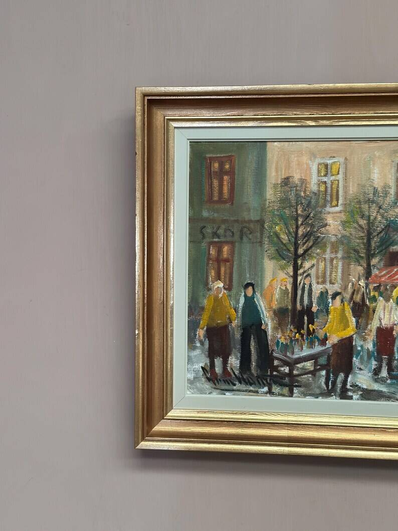 Original Swedish Oil on Canvas – “Market Scene” by Arne Wallsten – Signed
