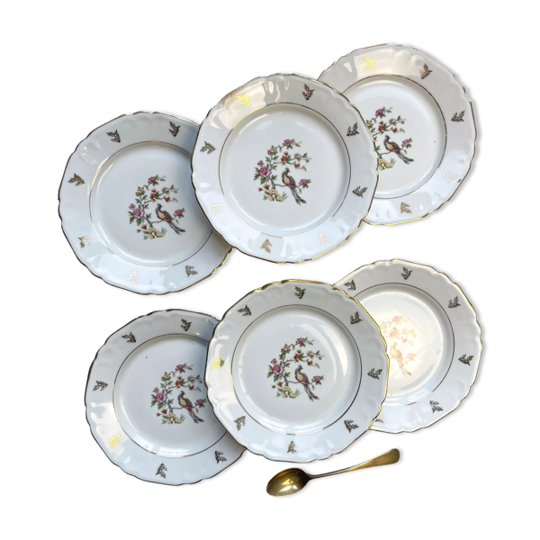 6 assiettes en porcelaine de Limoges Berry motif oiseau de paradis
