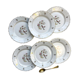 6 Limoges Berry porcelain plates with bird of paradise motif