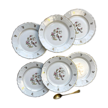6 assiettes en porcelaine de Limoges Berry motif oiseau de paradis