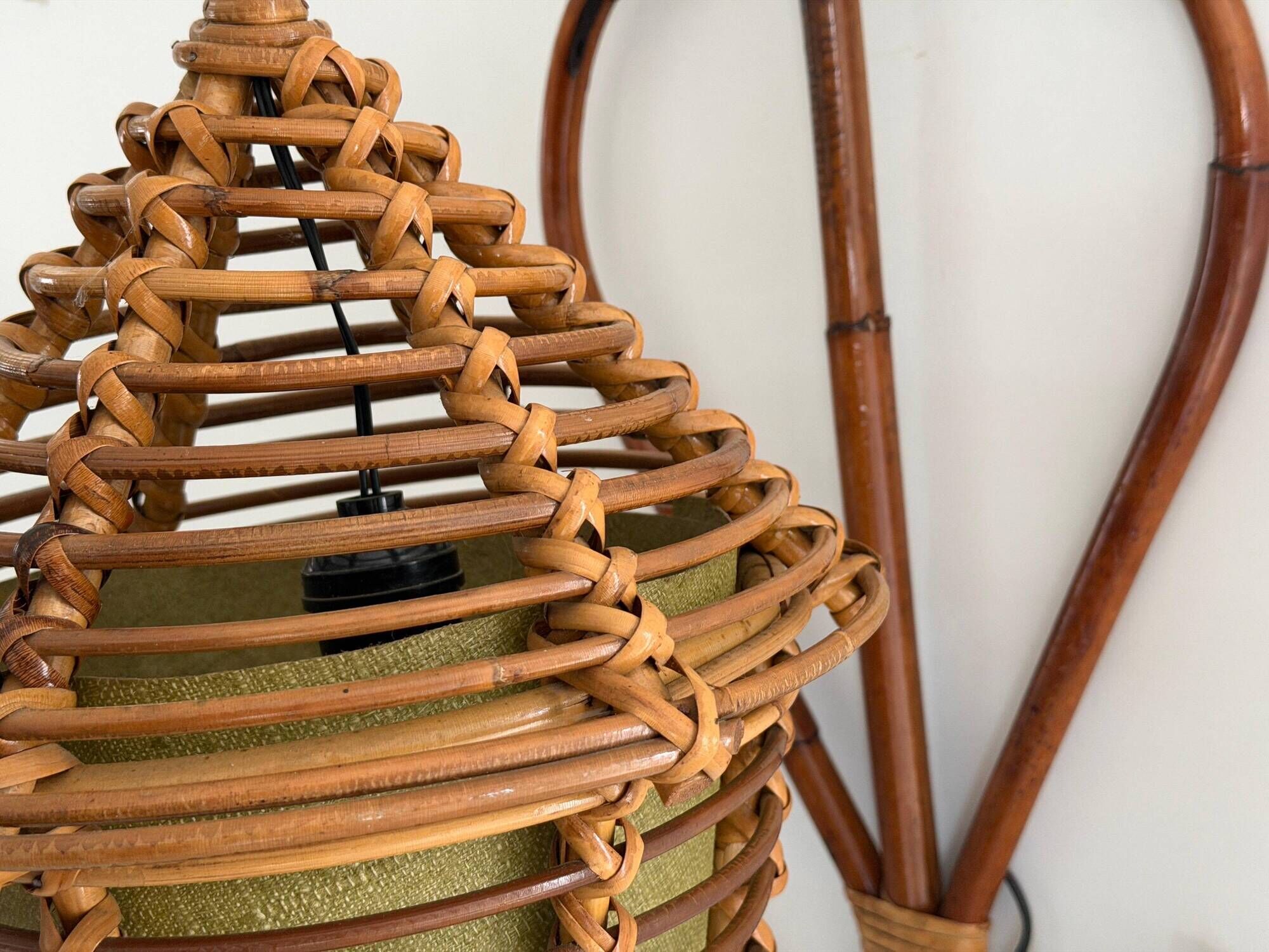 Unique wall lamp in bamboo and fabric, Lantern Design/One, Italy, 1960s