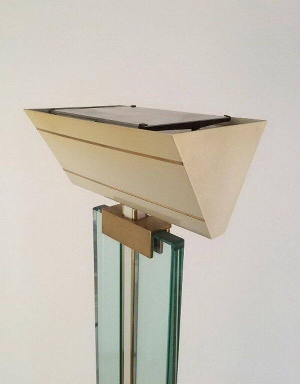 Lampadaire de parquet en verre, laiton et métal laqué