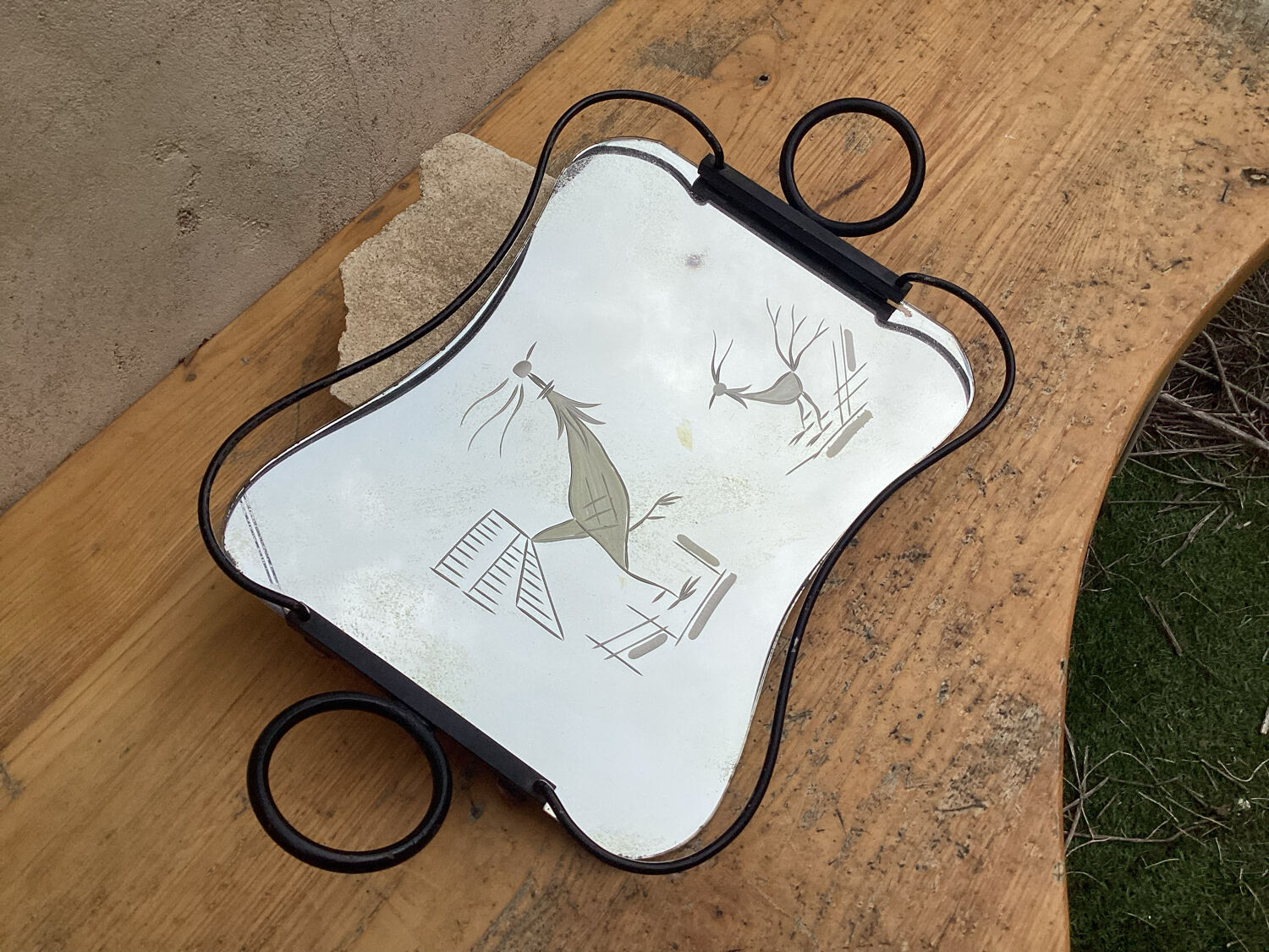 Engraved mirror tray art deco