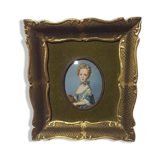 Rectangular frame in gilded wood, green velvet background with domed plastic glass