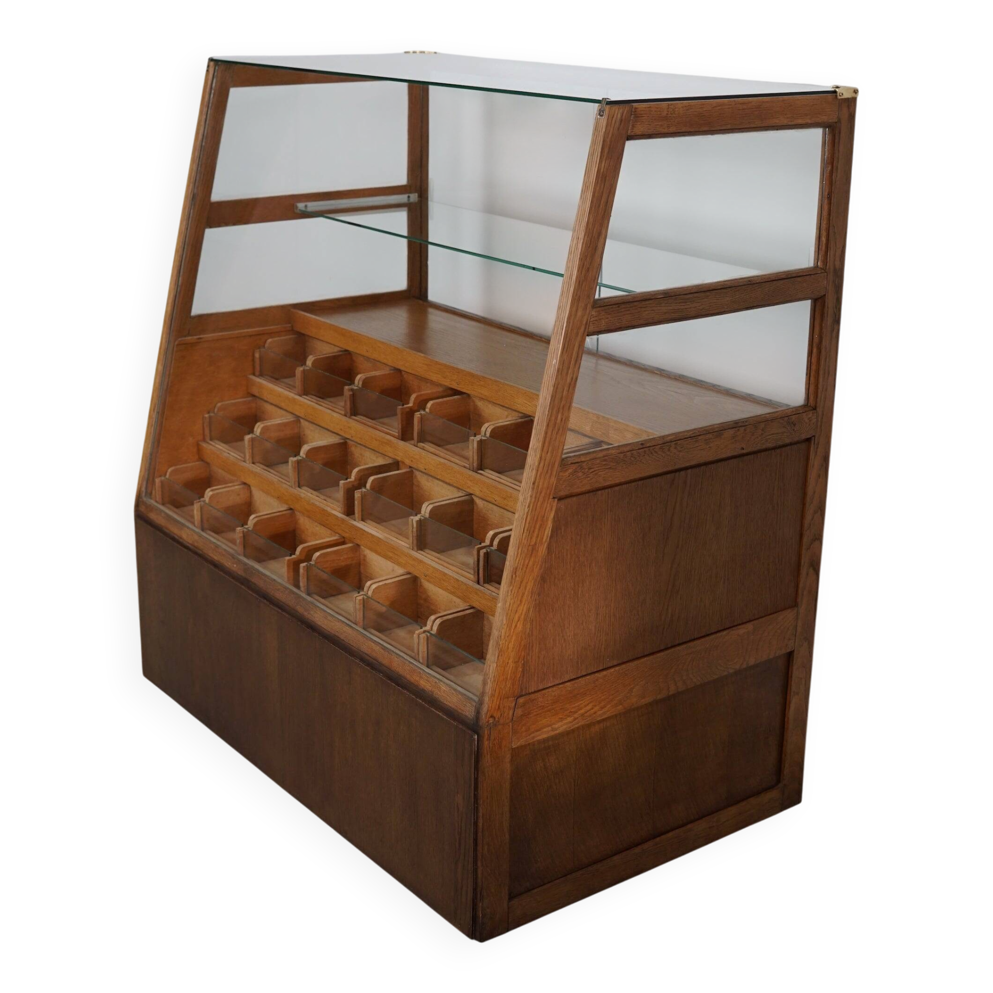 Antique Spanish beech & oak haberdashery cabinet or shop counter, 1950s