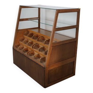 Meuble de mercerie ou comptoir de magasin espagnol ancien en hêtre et chêne, années 1950