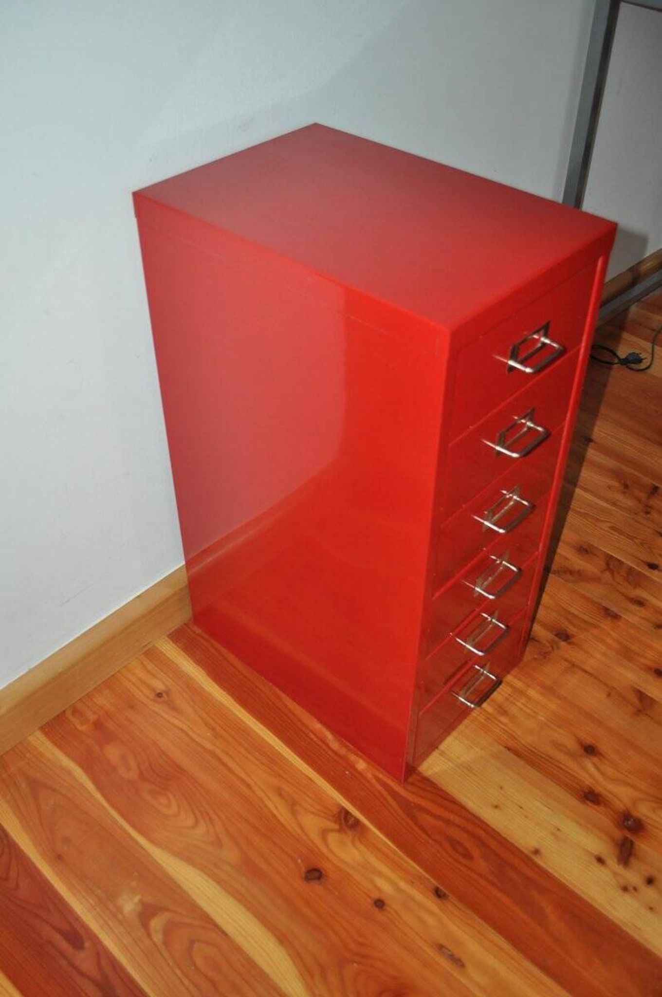 Purple industrial metal cabinet with six drawers, 1980s filing style.