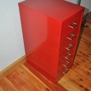 Purple industrial metal cabinet with six drawers, 1980s filing style.