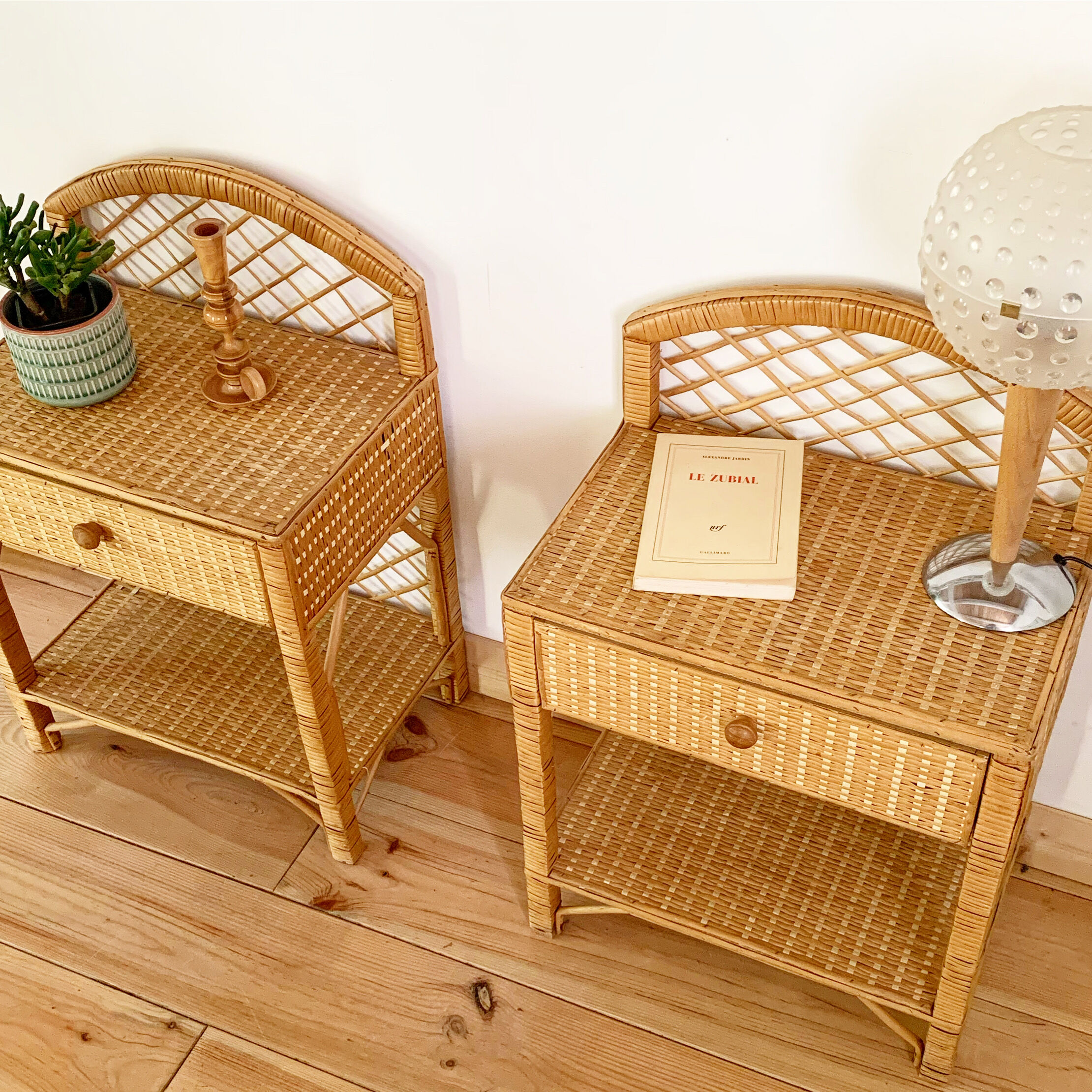 Pair of vintage wicker and rattan bedside tables