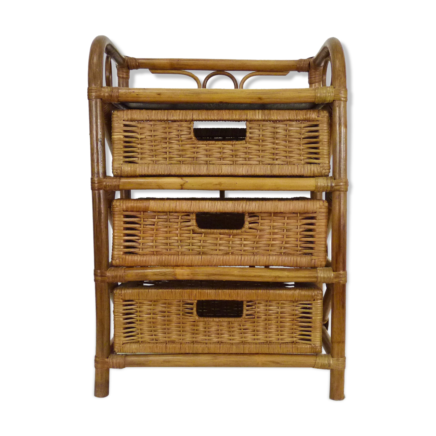 Vintage wicker rattan storage cabinet with 3 drawers