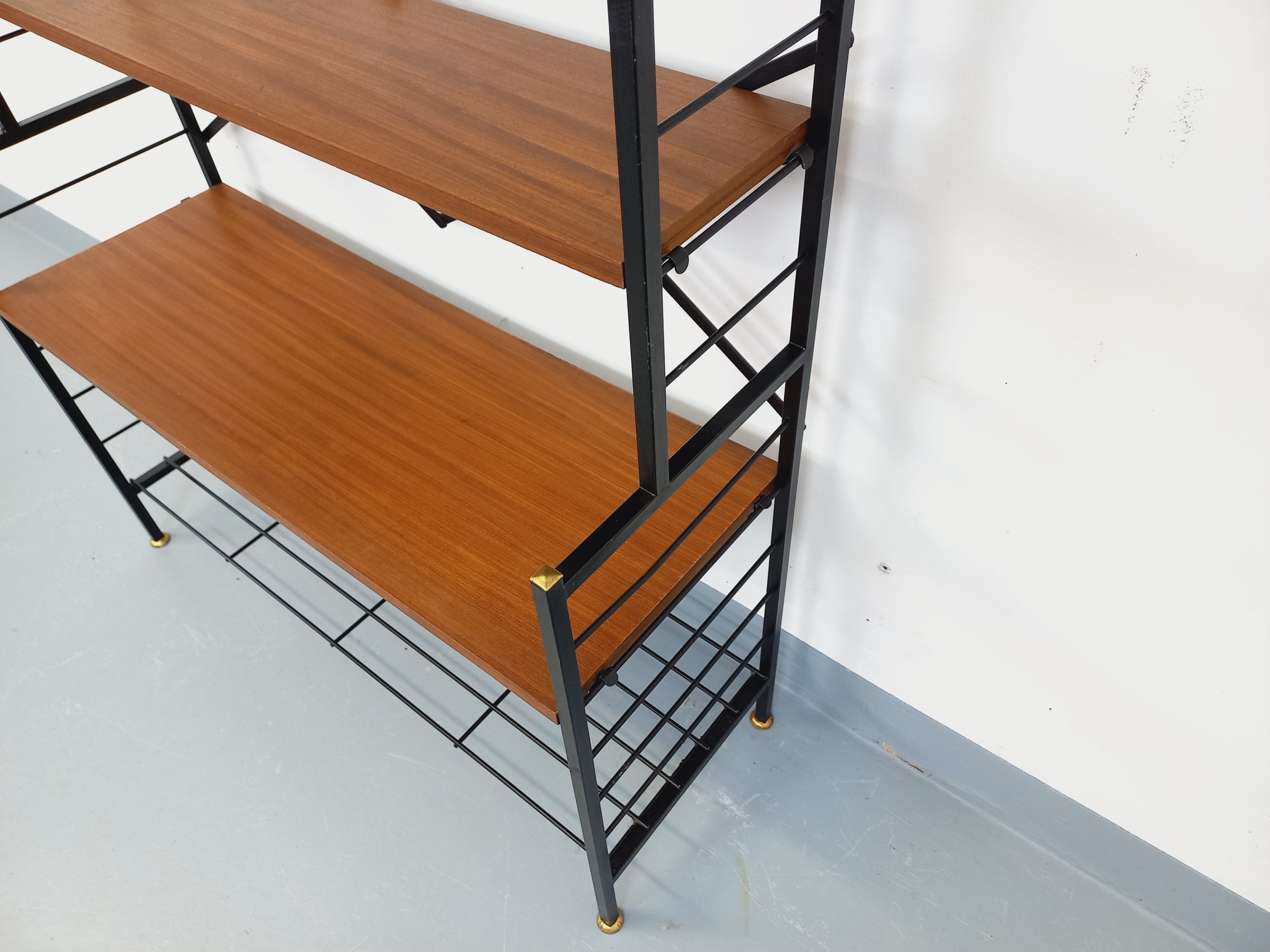 Vintage Italian bookshelf in teak and metal from the 1960s.