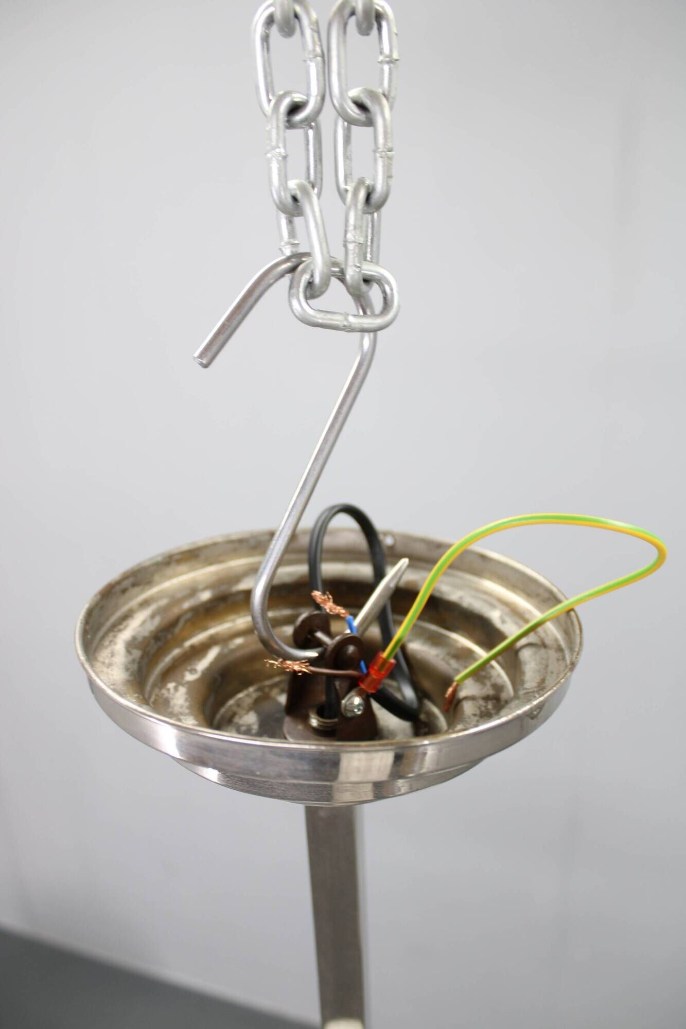 Czechoslovak Art Deco nickel chandelier with three opaline glass globes