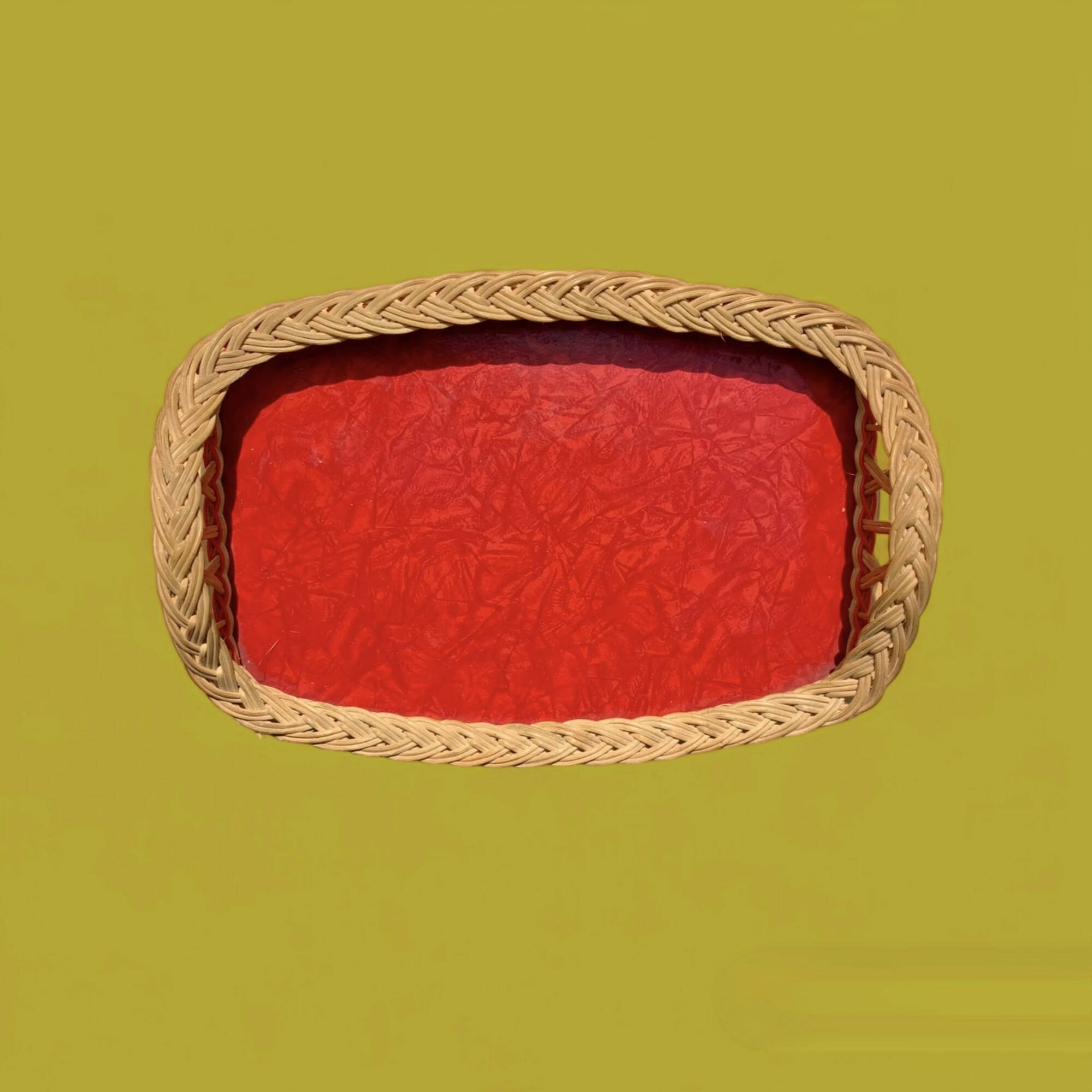 Vintage rattan tray, red Formica and scoubidou