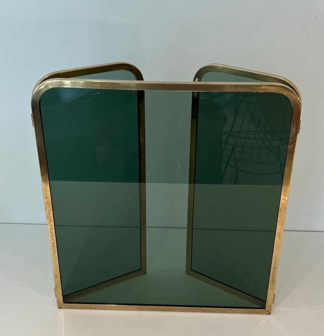 Three-Panel Folding Fire Screen in Tinted Green Glass with Brass Frame