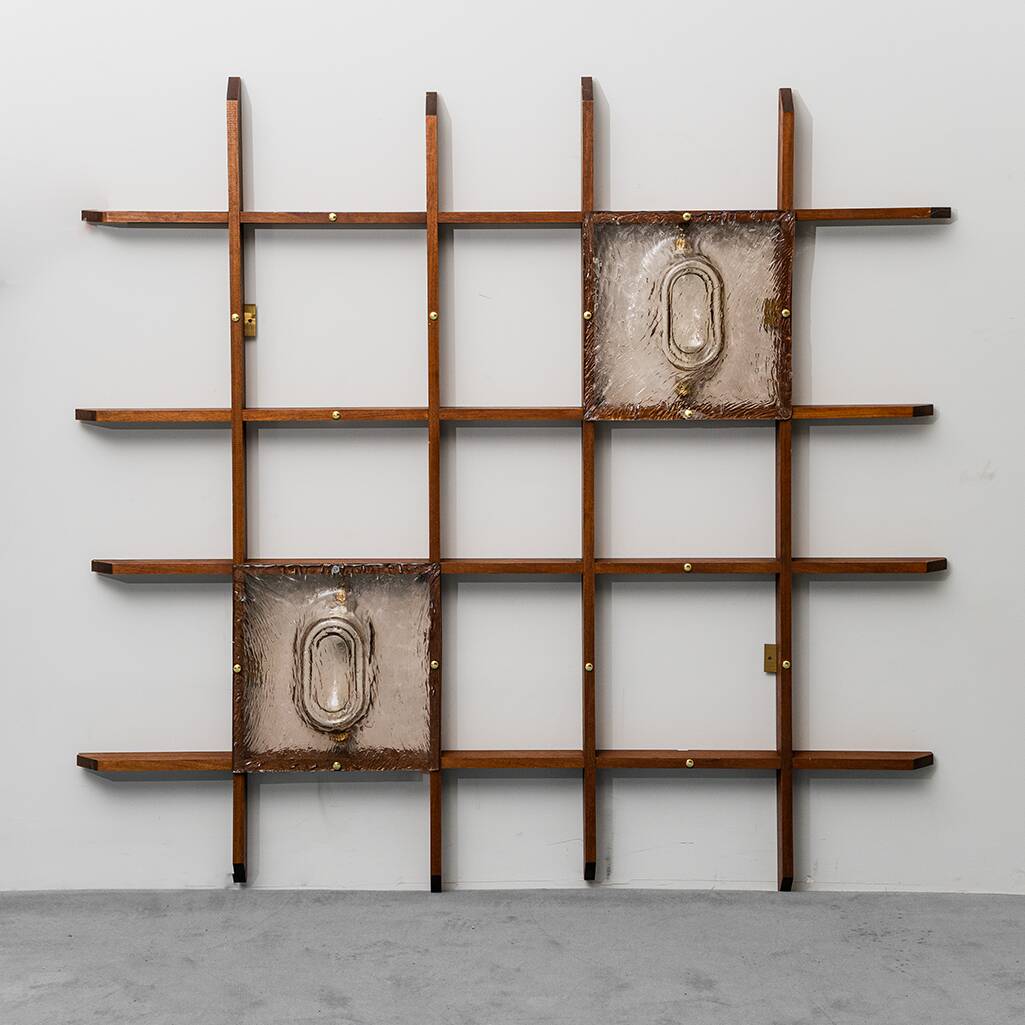 2-light wall lamp with teak grid frame mazzega 1960s vintage modern antique
