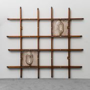 2-light wall lamp with teak grid frame mazzega 1960s vintage modern antique