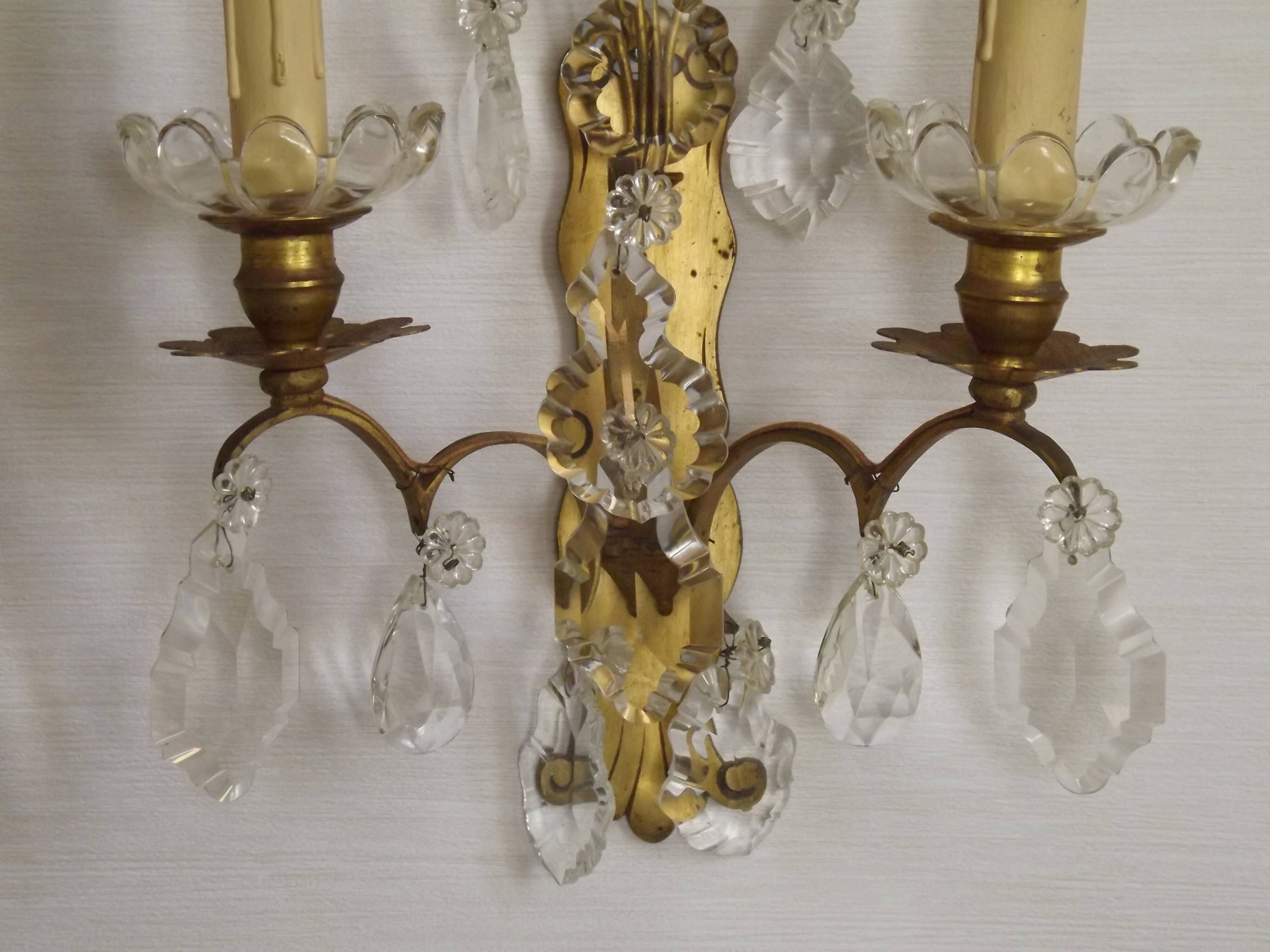 Pair of French Double Brass & Glass Wall Lights Adorned With Crystals