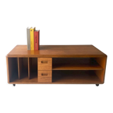 1970’s mid century modern large solid teak coffee table, media stand on castors