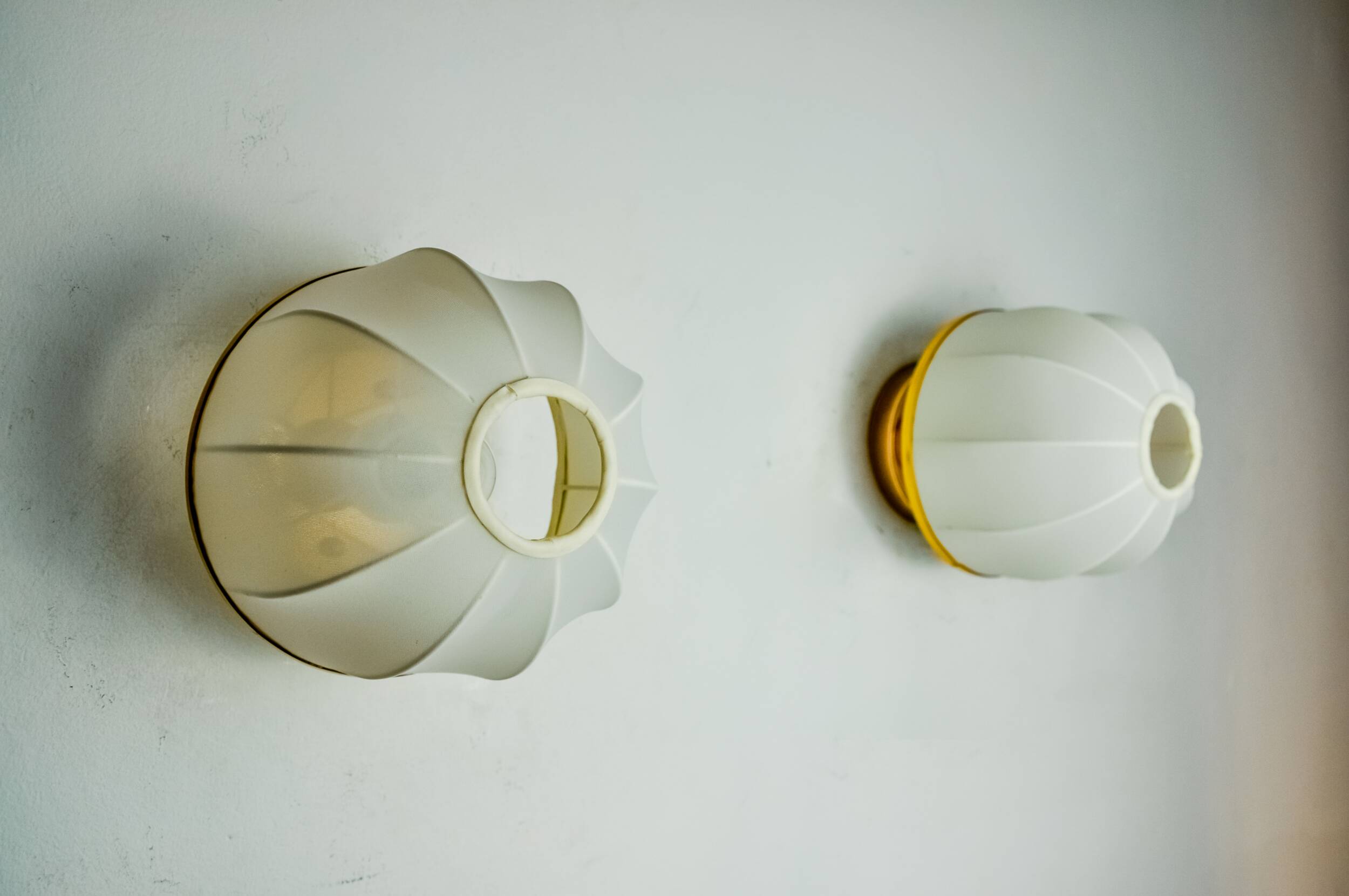 Pair of regency wall lights, pine and stretched canvas, italy, 1970