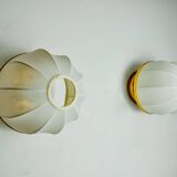 Pair of regency wall lights, pine and stretched canvas, italy, 1970