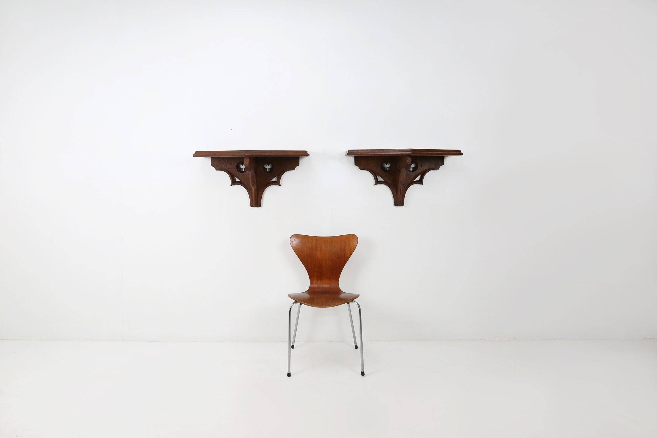 Pair of 2 Antique carved oak Church Wall Consoles, France ca. 1850