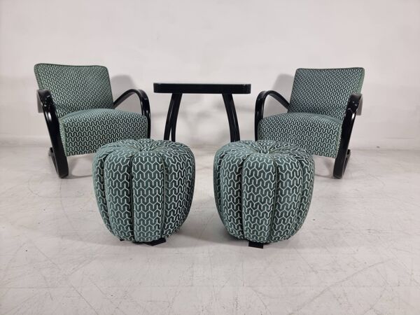 Fauteuils, table et poufs de Jindřich Halabala pour Up Zavody, années 1940, ensemble de 5