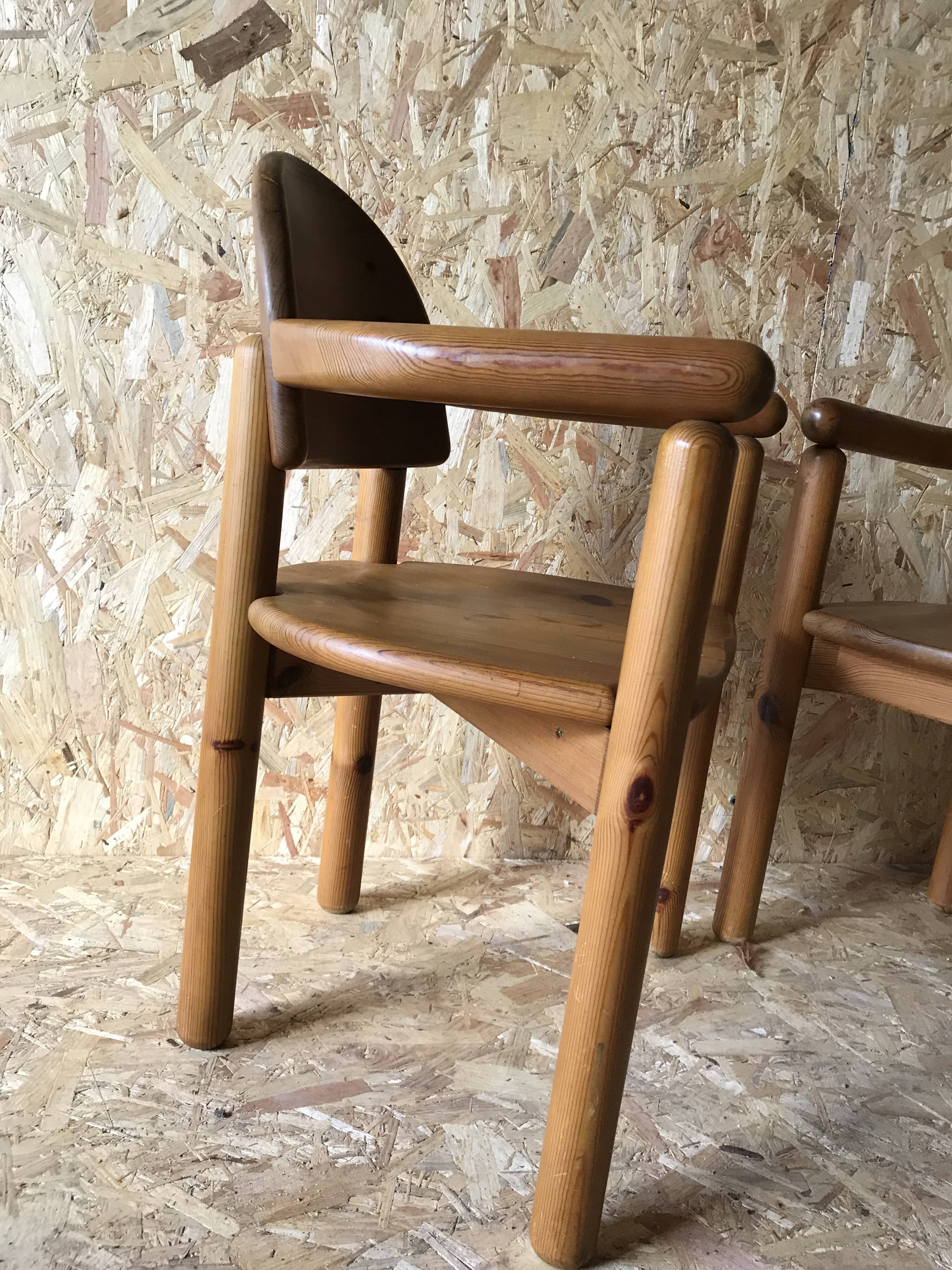 Pair of vintage brutalist armchairs in solid pine by Rainer Daumiller
