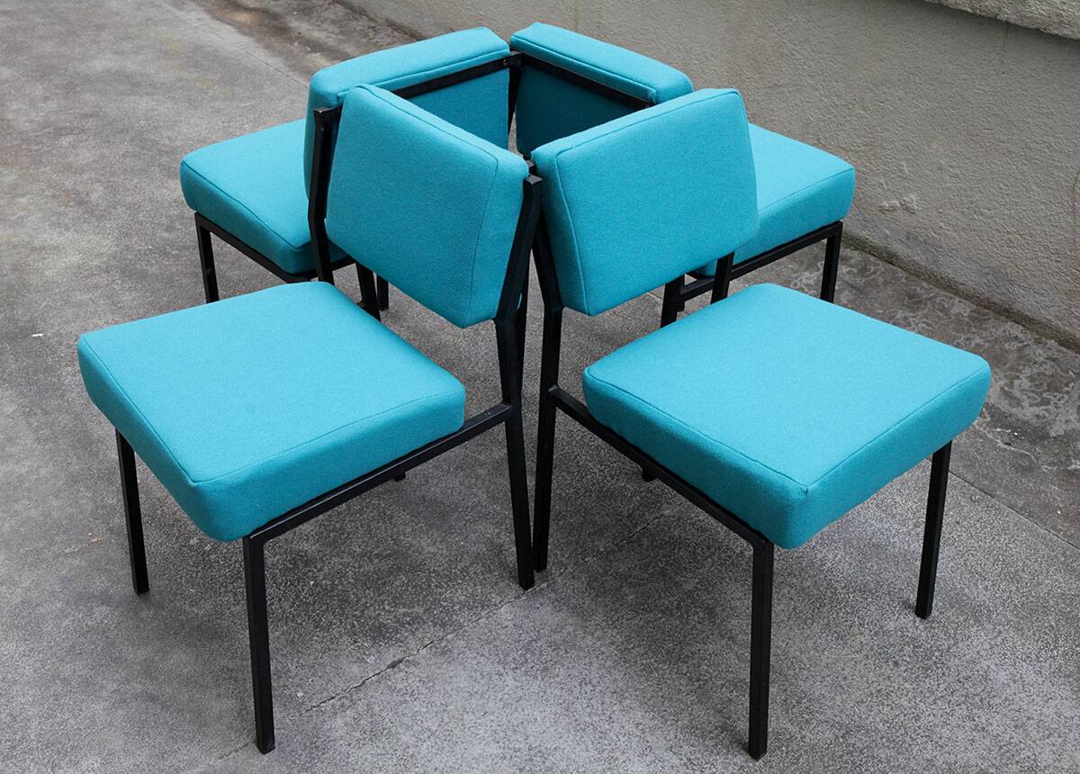 4 designer chairs, vintage 1962 (reupholstered) in the style of Pierre Guariche.