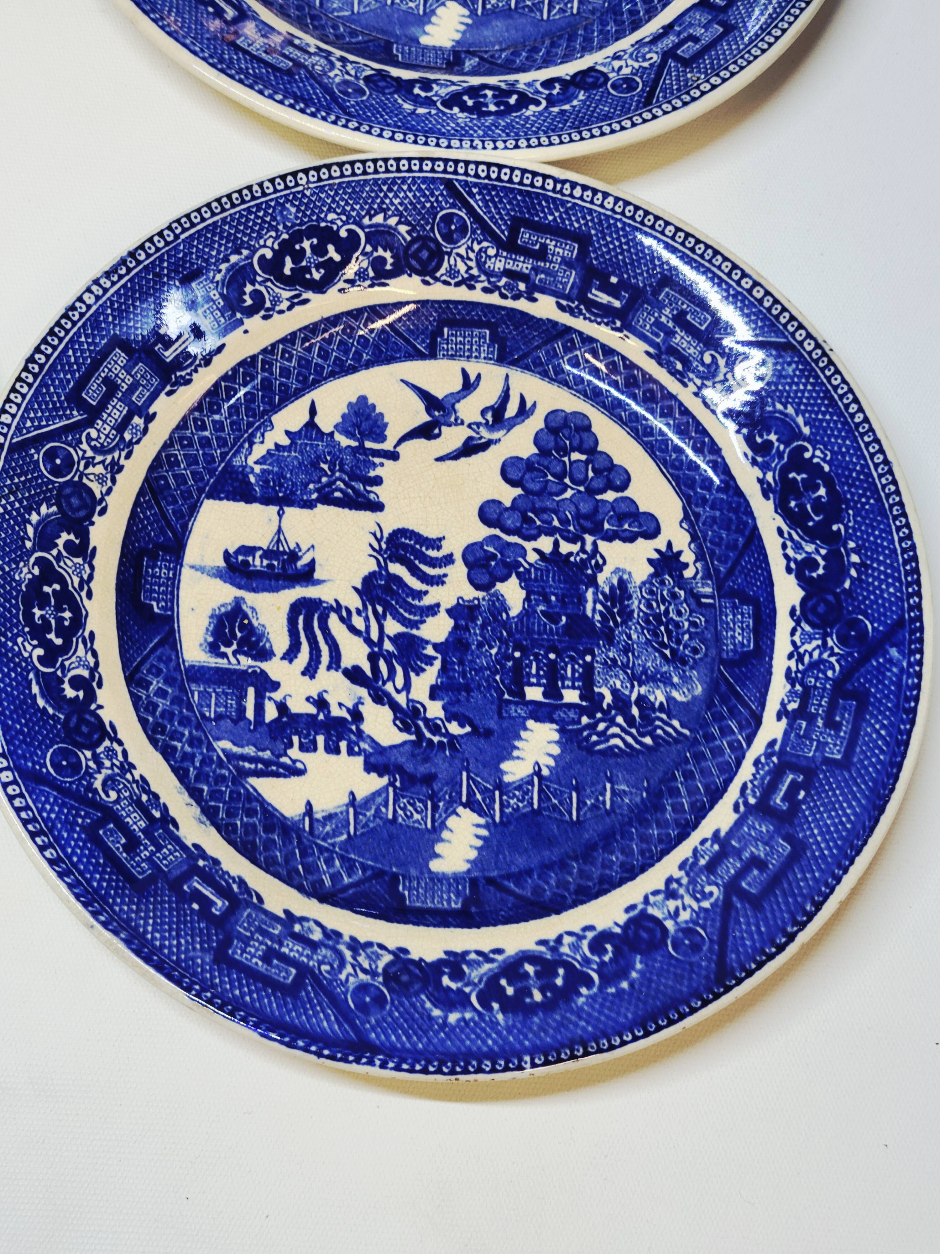 9 Antique Plates 19th Century Blue Willow Pattern Chinese Blue Decor
