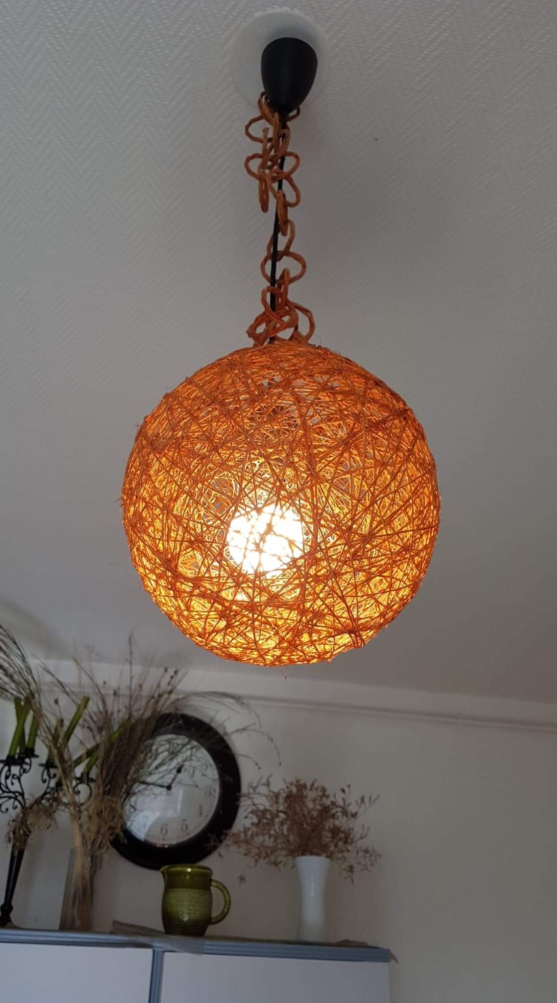 Orange ball hanging lamp with rope and rattan rope 1970