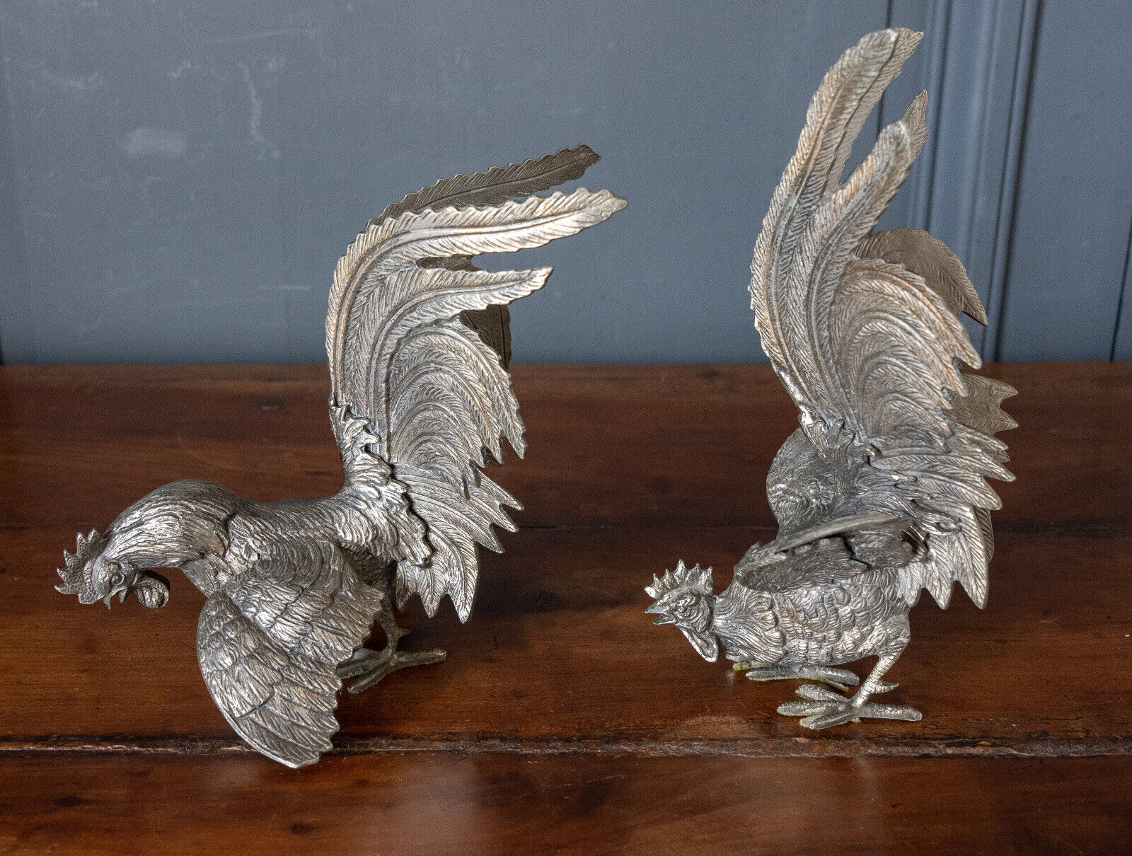Two roosters in silver metal mid-twentieth century