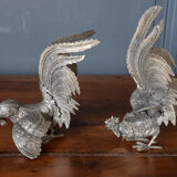 Two roosters in silver metal mid-twentieth century