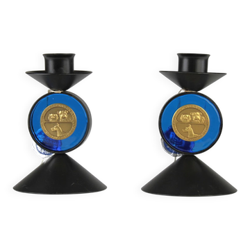 Gunnar Ander for Ystad-Metall — Candlesticks with Lindshammar Glass & Dog Club Plaque – Sweden, 1960s