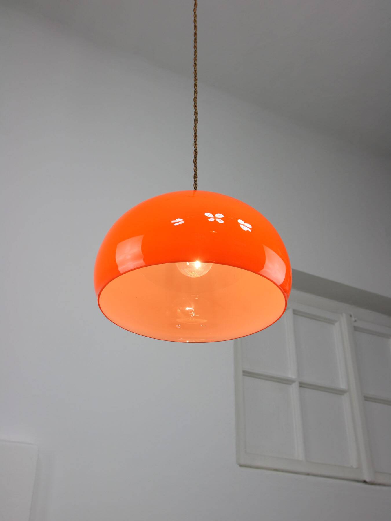 Mid-Century Italian Orange Glass and Brass Pendant Lamp