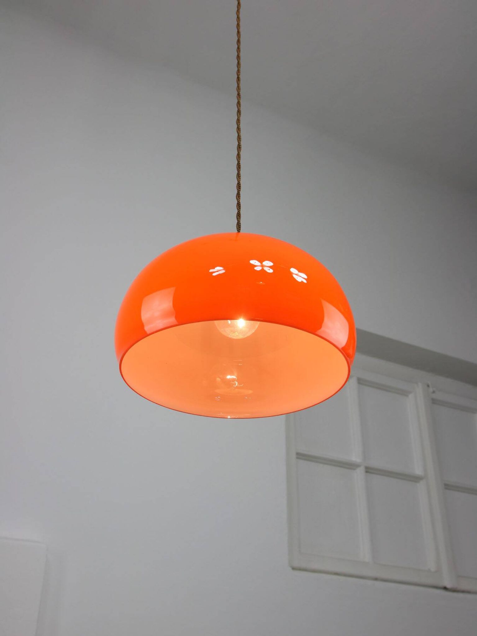 Mid-Century Italian Orange Glass and Brass Pendant Lamp