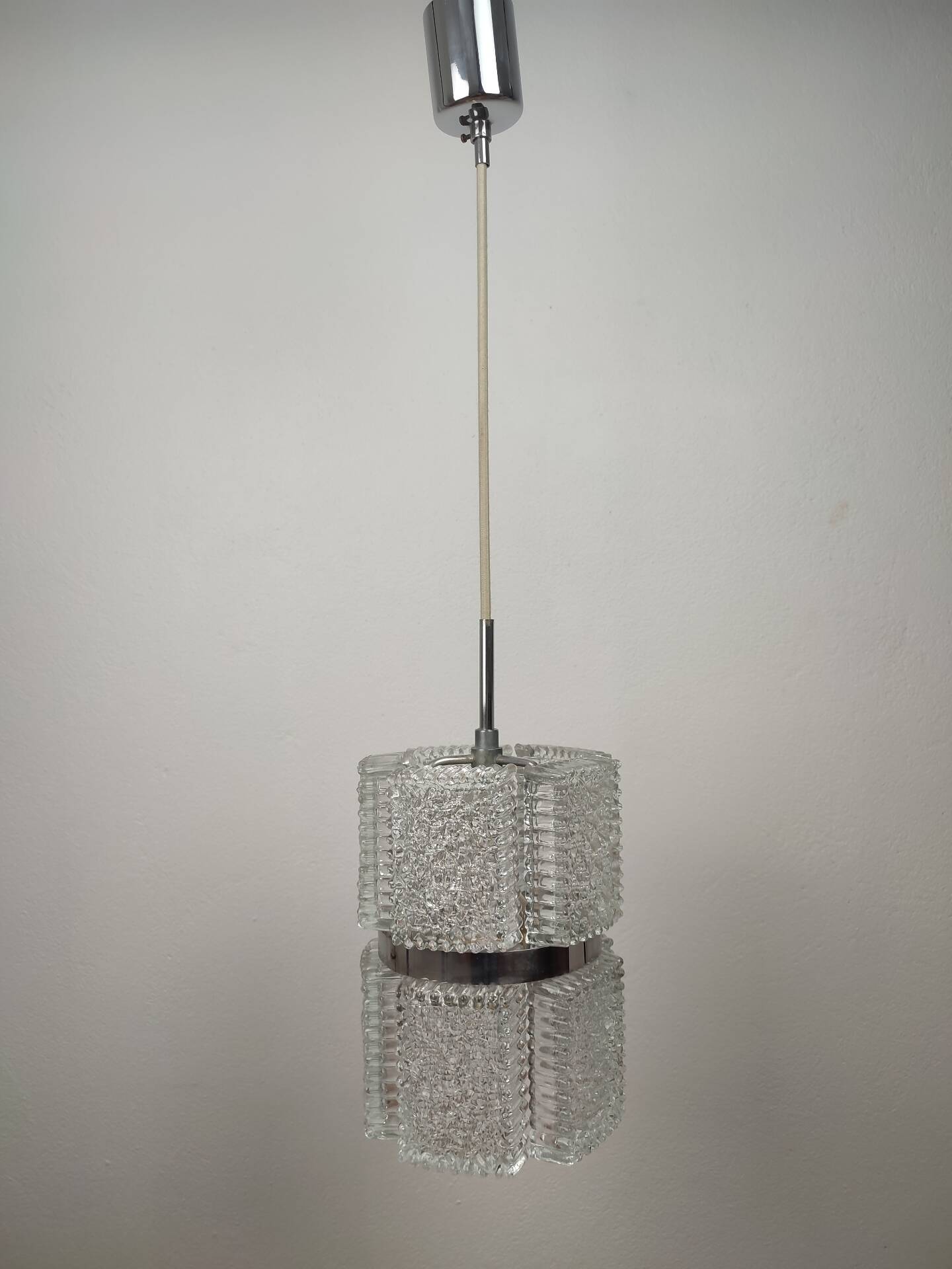 Brutalist Suspension "Ice Glass" and Chrome by Kaiser Leuchten