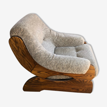 Fauteuil brutaliste en bois et velours vintage années 70