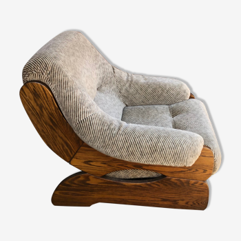 Vintage 70s wooden and velvet brutalist armchair