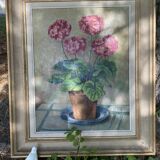 Large oil on coated panel "geraniums"