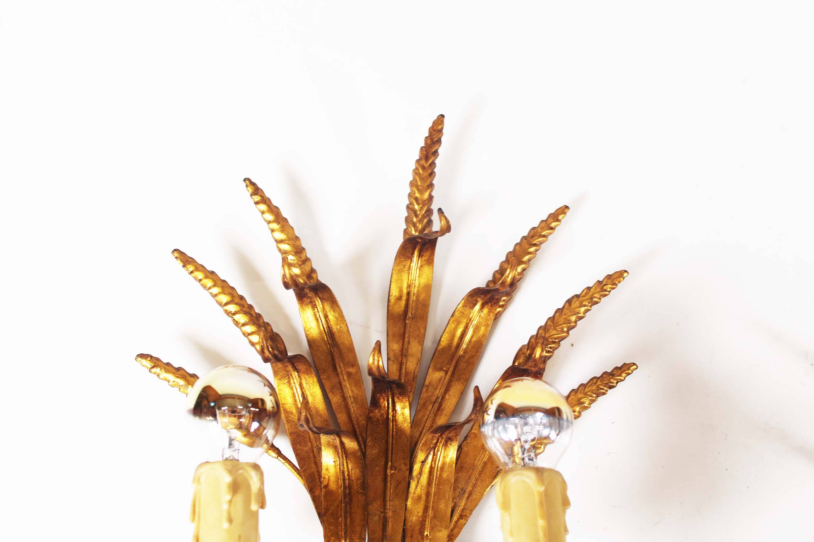 Pair of large vintage gilt sheaf of wheat sconces