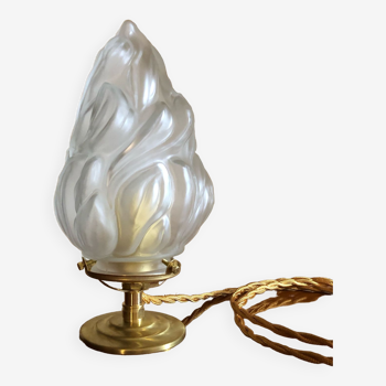 Lampe à poser avec ancienne tulipe art déco « flamme » en verre dépoli satin