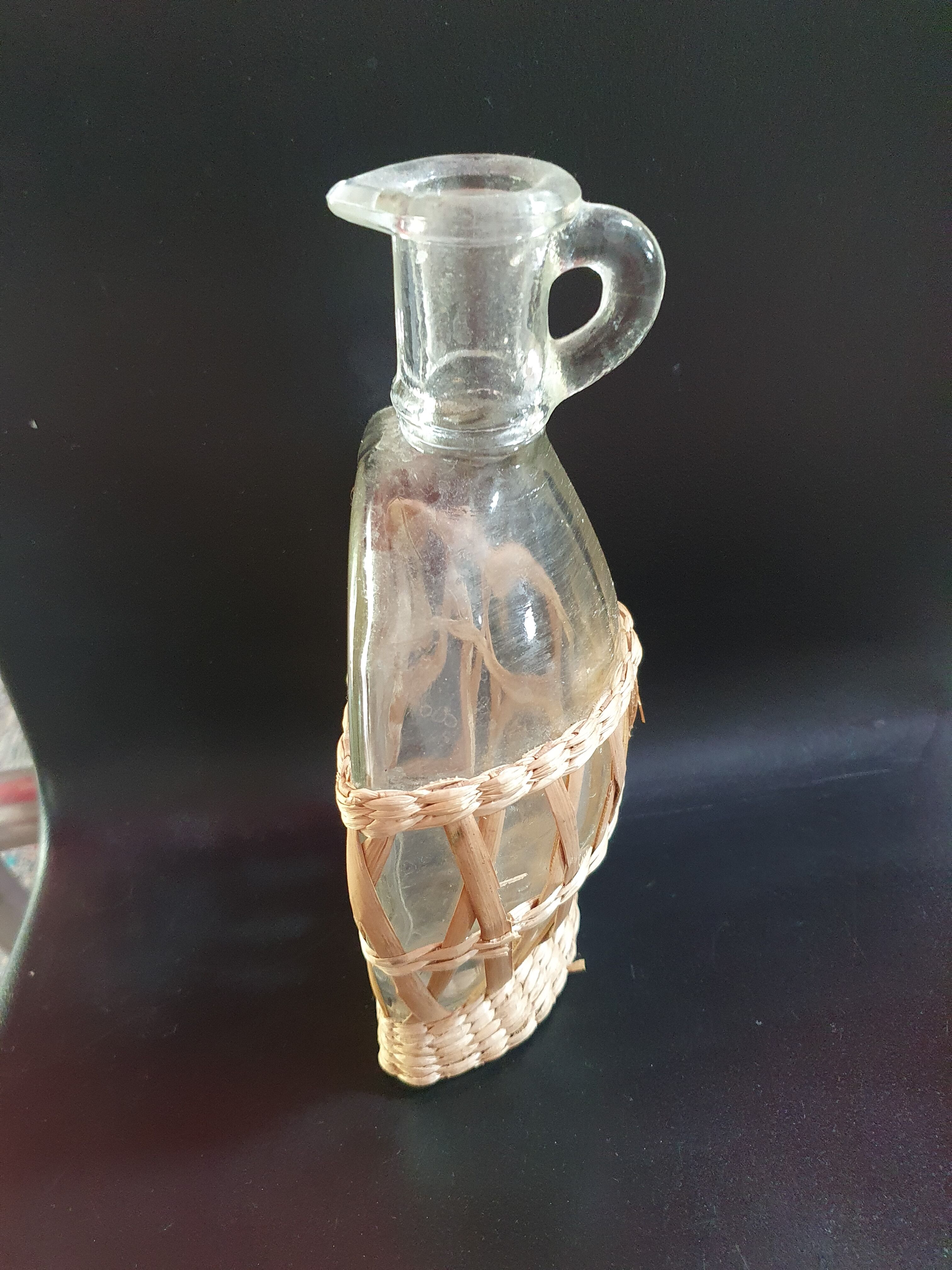Vintage Half Sphere glass vase with rattan cladding