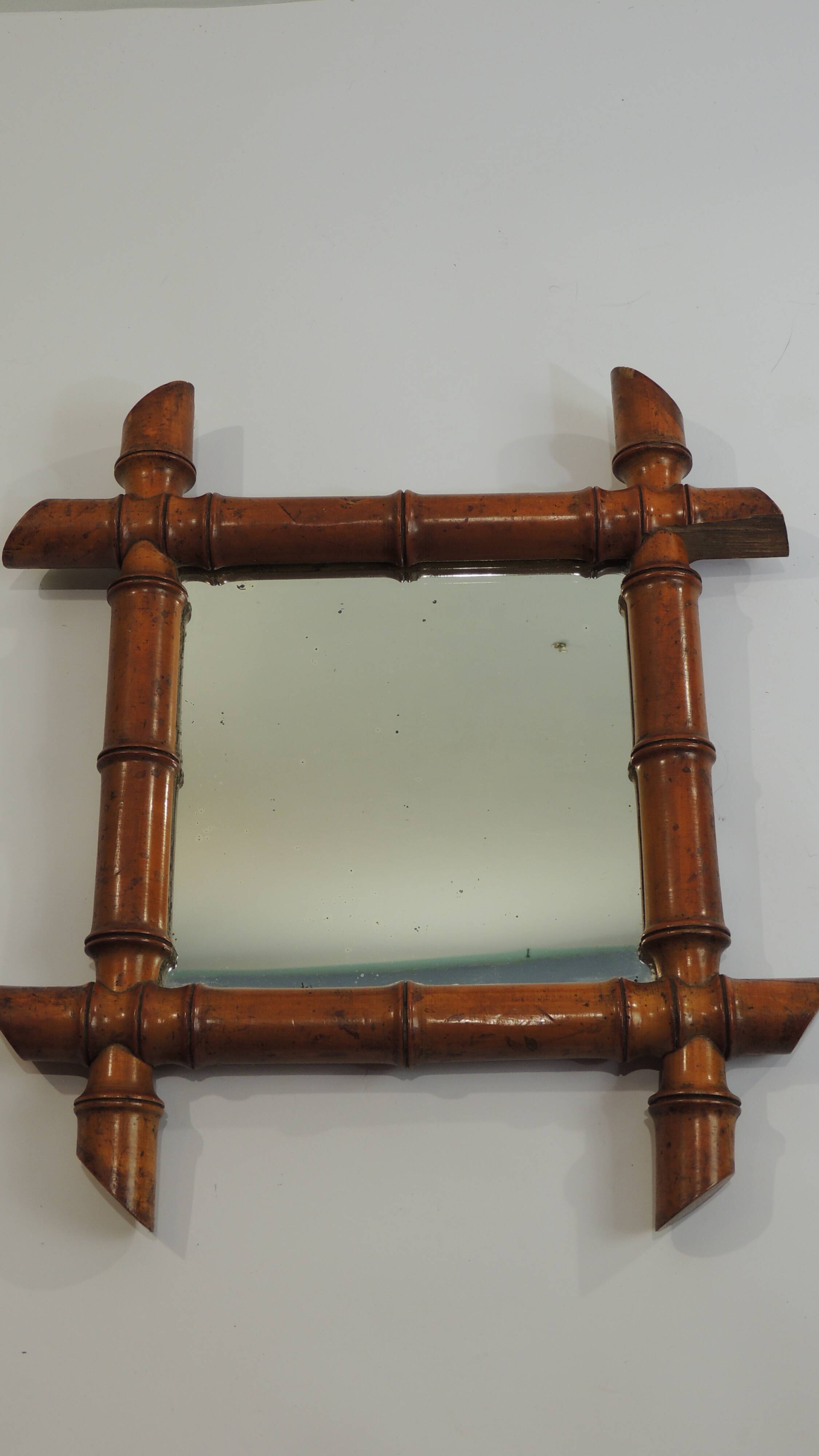 Antique mercury mirror in turned bamboo-style wood – Rare 19th century piece